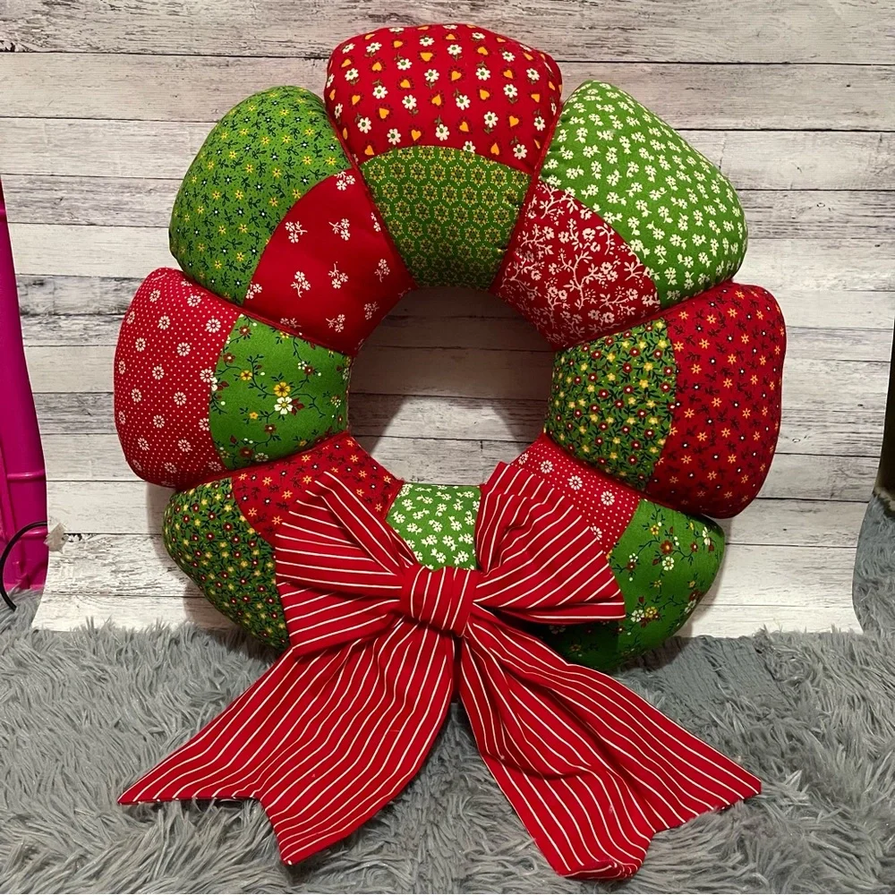 Vintage 17” Handmade Quilted Patchwork Stuffed Wreath